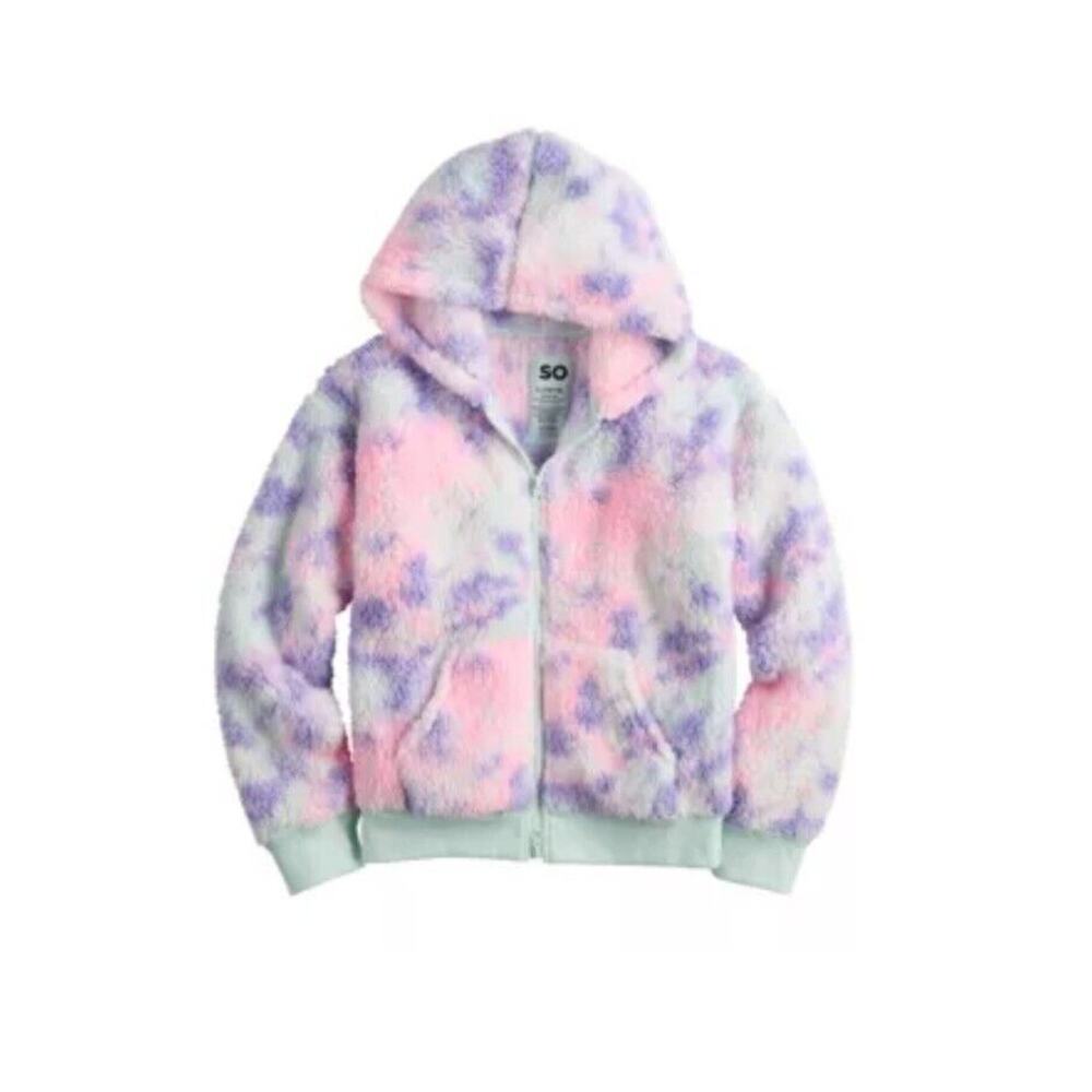 SO Tie Dye Adaptive Sherpa Full Zip Up Sherpa Teddy Hoodie Jacket Size L 10/12